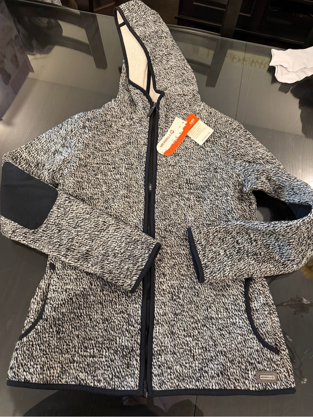 NWT Merrell Women Hooded Zip Jacket in Heathered Black & White